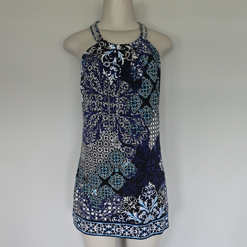 WHBM black/blue/white fancy print sleeveless top-M